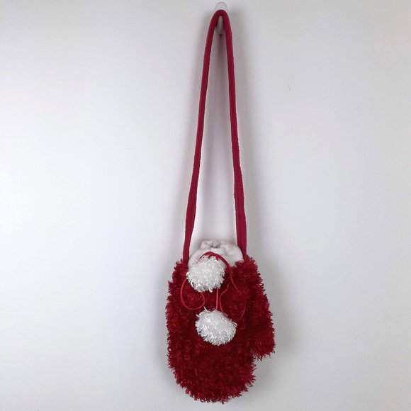 Santa Mitten Bag. Faux fur ugly sweater purse with white furry pom poms shimmery - Picture 2 of 11